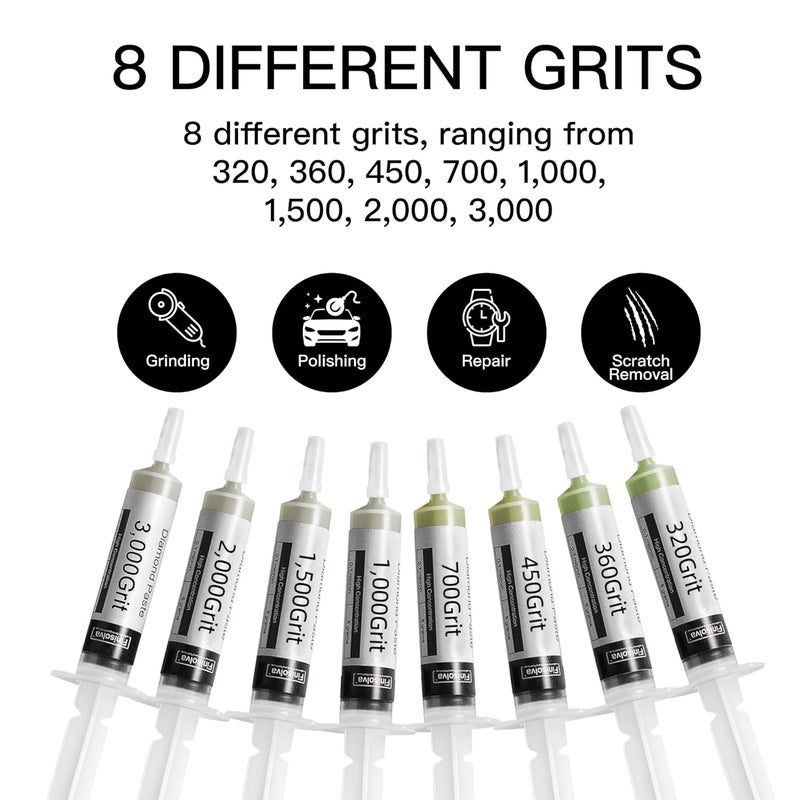 Finisolva 8 Pack Diamond Polishing Paste Kit 3,000 to 320 Grit with Different Genuine Concentrations of Diamond Powders Lapping Compound for Marble Glass Metal Rock Jewelry Resin Silver Gemstone - Image 2